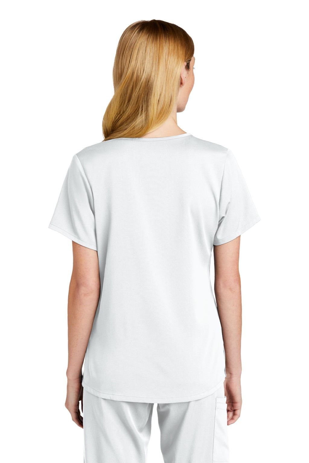 Wonderwink WW4268 Womens Premiere Flex Short Sleeve V-Neck Mock Wrap Shirt w/ Pockets White Model Back