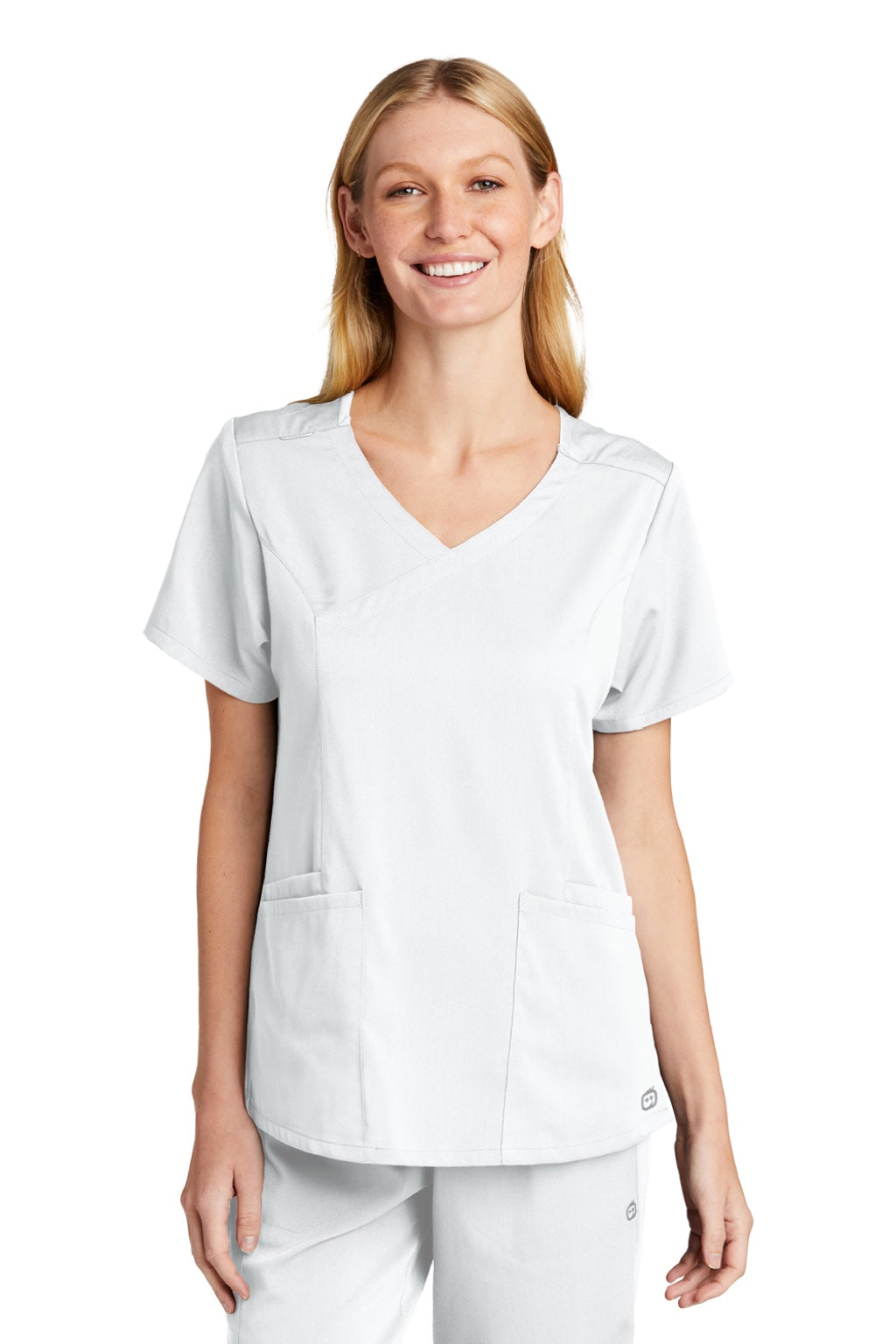 Wonderwink WW4268 Womens Premiere Flex Short Sleeve V-Neck Mock Wrap Shirt w/ Pockets White Model Front