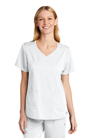 Wonderwink WW4268 Womens Premiere Flex Short Sleeve V-Neck Mock Wrap Shirt w/ Pockets White Model Front