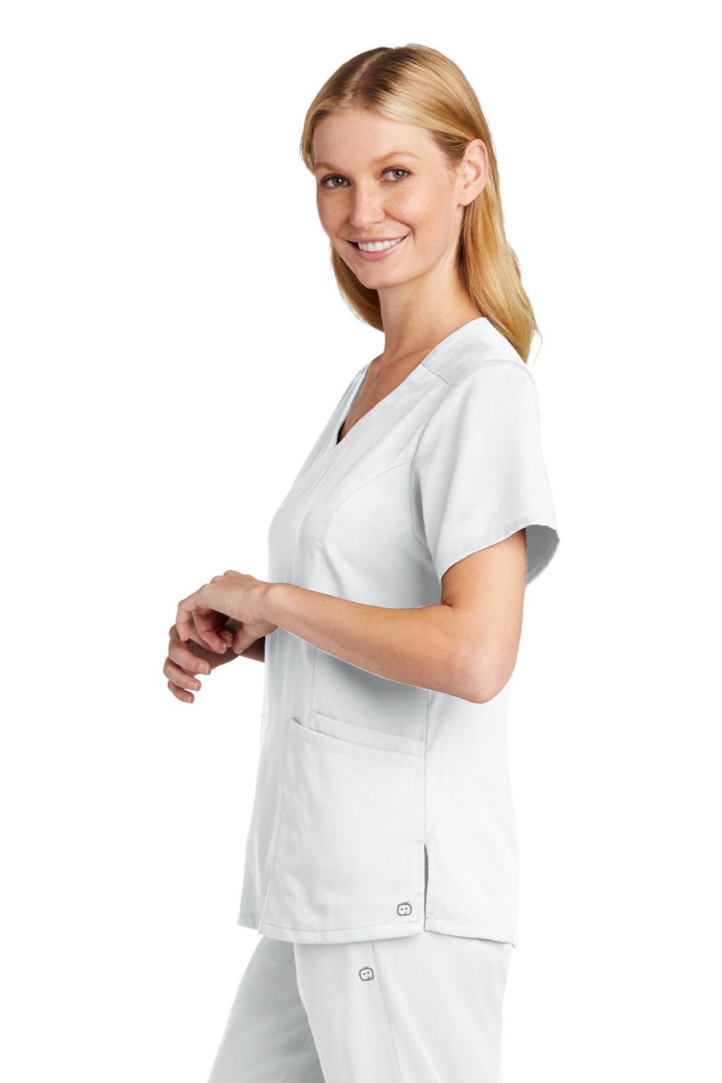 Wonderwink WW4268 Womens Premiere Flex Short Sleeve V-Neck Mock Wrap Shirt w/ Pockets White Model Side