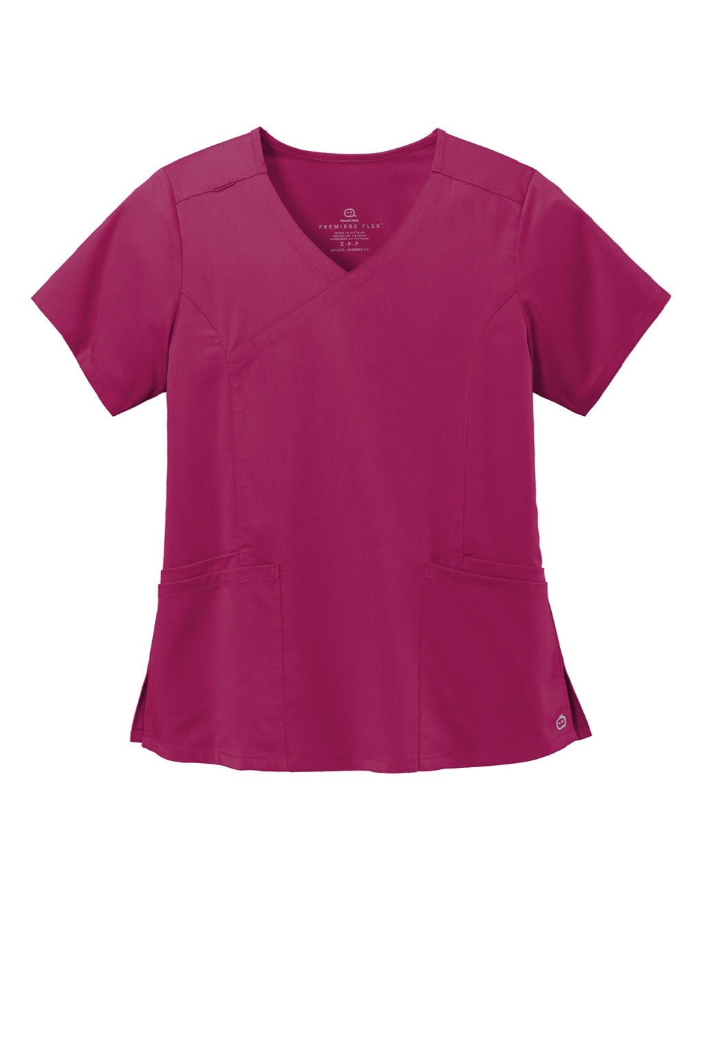 Wonderwink WW4268 Womens Premiere Flex Short Sleeve V-Neck Mock Wrap Shirt w/ Pockets Wine Flat Front