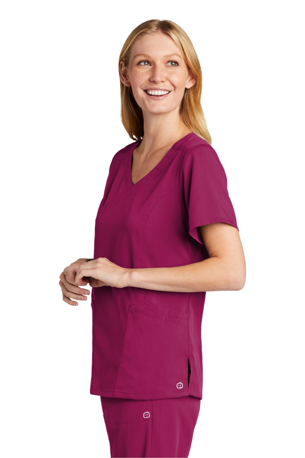 Wonderwink WW4268 Womens Premiere Flex Short Sleeve V-Neck Mock Wrap Shirt w/ Pockets Wine Model 3Q