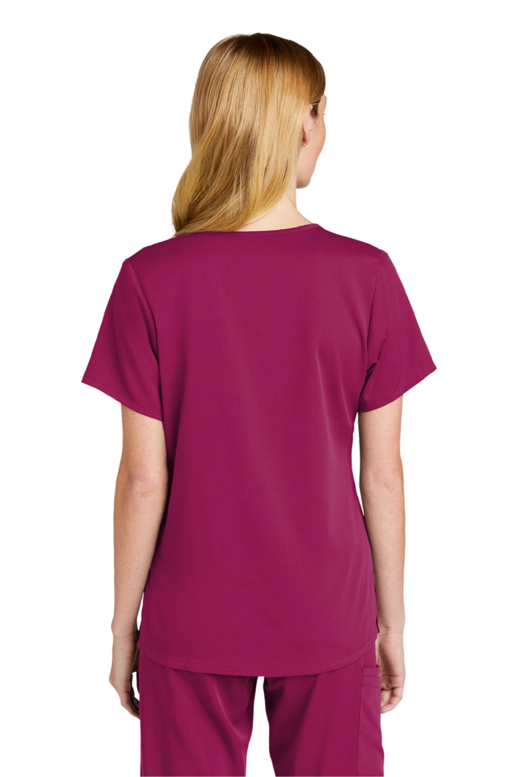 Wonderwink WW4268 Womens Premiere Flex Short Sleeve V-Neck Mock Wrap Shirt w/ Pockets Wine Model Back