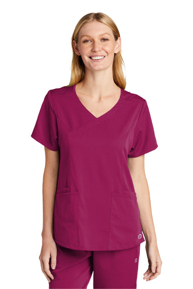 Wonderwink WW4268 Womens Premiere Flex Short Sleeve V-Neck Mock Wrap Shirt w/ Pockets Wine Model Front