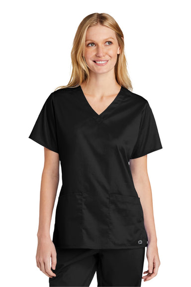 Wonderwink WW4560 Womens WorkFlex Short Sleeve V-Neck Shirt w/ Pockets Black Model Front