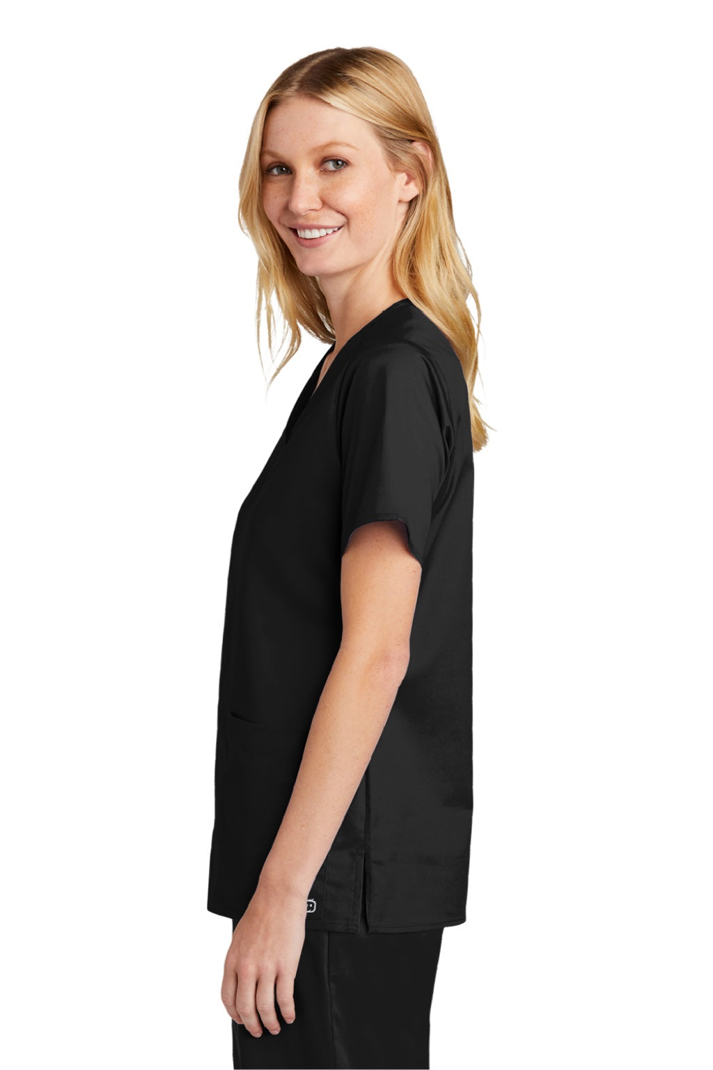 Wonderwink WW4560 Womens WorkFlex Short Sleeve V-Neck Shirt w/ Pockets Black Model Side