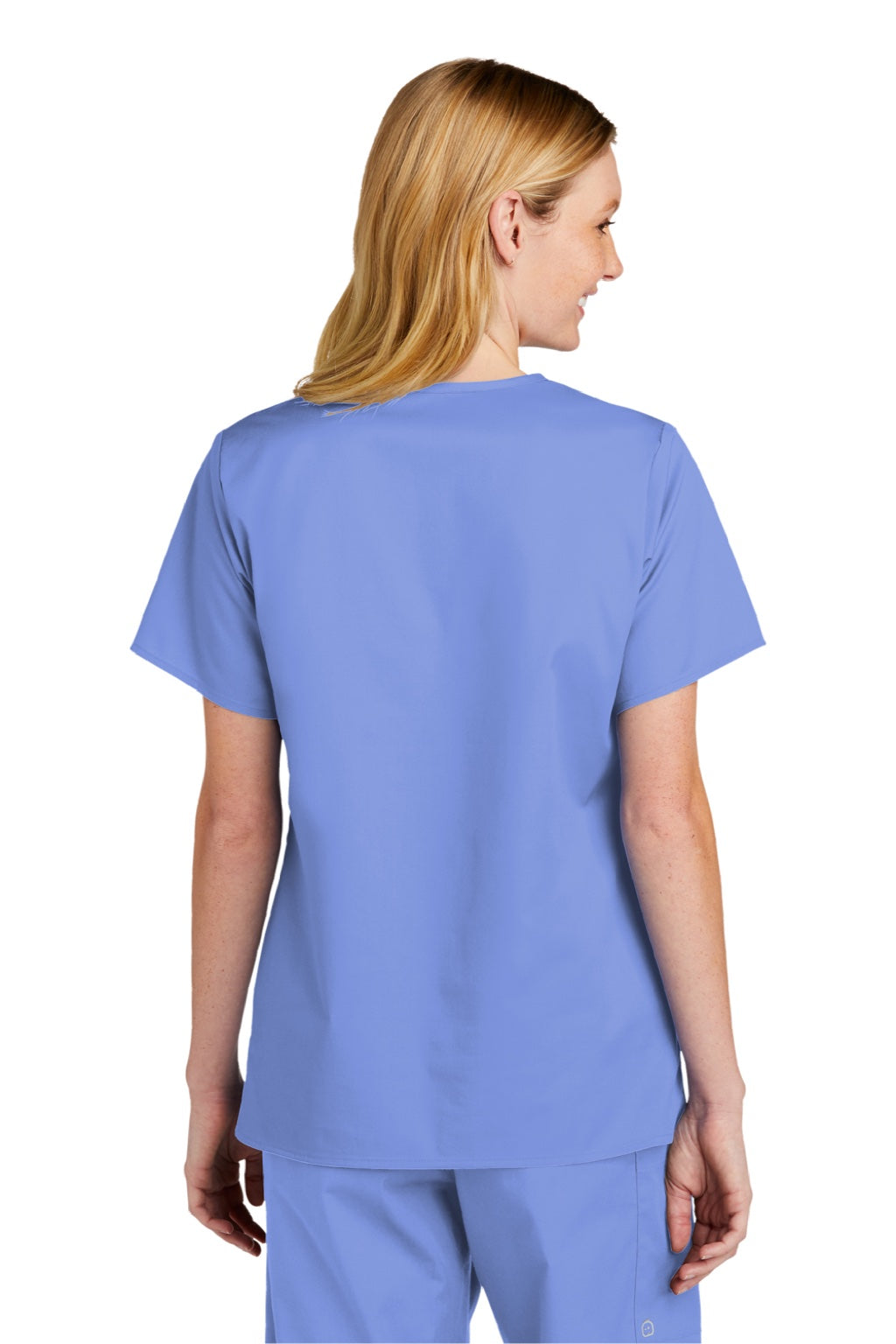 Wonderwink WW4560 Womens WorkFlex Short Sleeve V-Neck Shirt w/ Pockets Ceil Blue Model Back