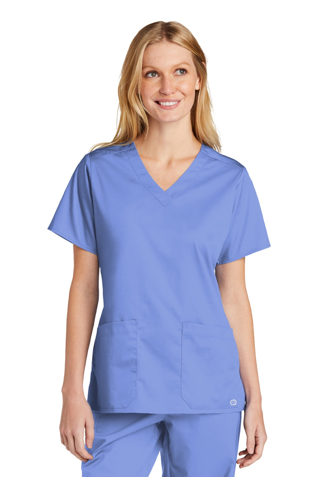 Wonderwink WW4560 Womens WorkFlex Short Sleeve V-Neck Shirt w/ Pockets Ceil Blue Model Front