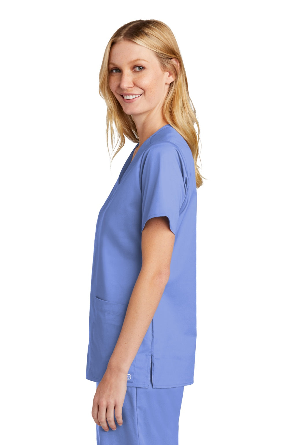 Wonderwink WW4560 Womens WorkFlex Short Sleeve V-Neck Shirt w/ Pockets Ceil Blue Model Side