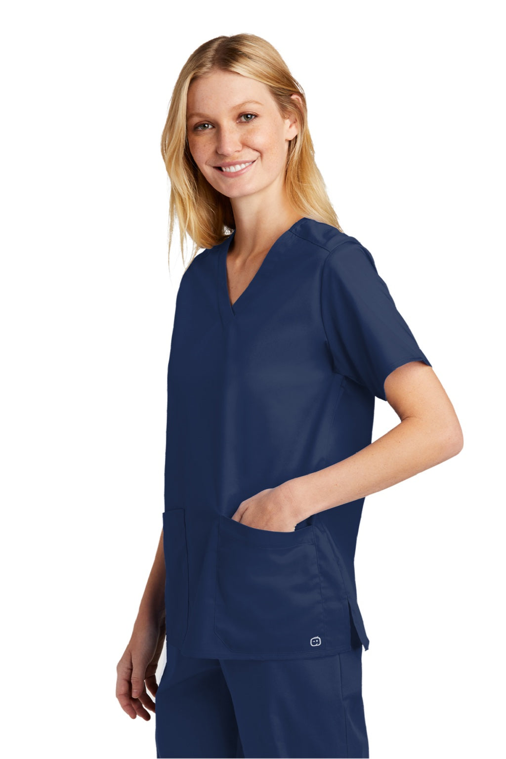 Wonderwink WW4560 Womens WorkFlex Short Sleeve V-Neck Shirt w/ Pockets Navy Blue Model 3Q