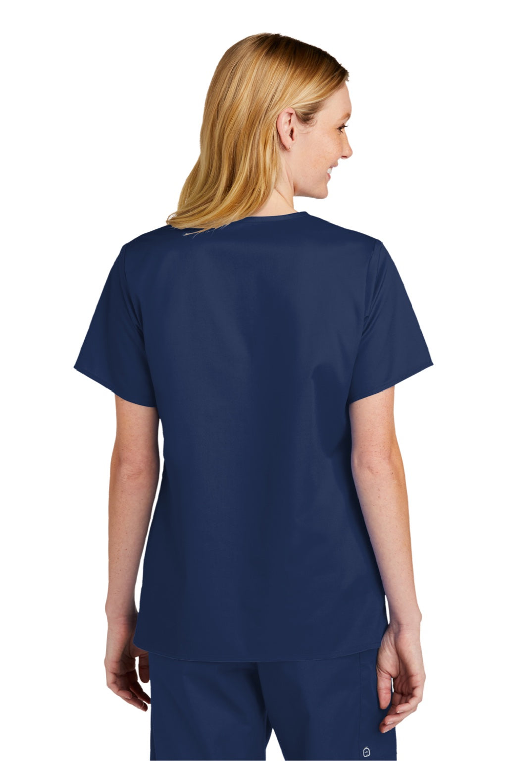 Wonderwink WW4560 Womens WorkFlex Short Sleeve V-Neck Shirt w/ Pockets Navy Blue Model Back