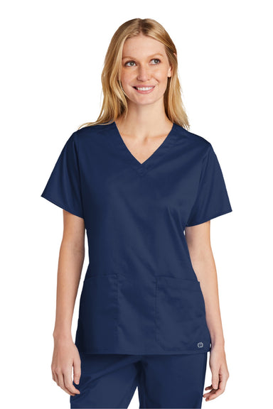 Wonderwink WW4560 Womens WorkFlex Short Sleeve V-Neck Shirt w/ Pockets Navy Blue Model Front