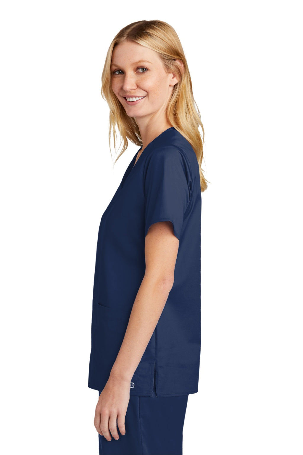 Wonderwink WW4560 Womens WorkFlex Short Sleeve V-Neck Shirt w/ Pockets Navy Blue Model Side