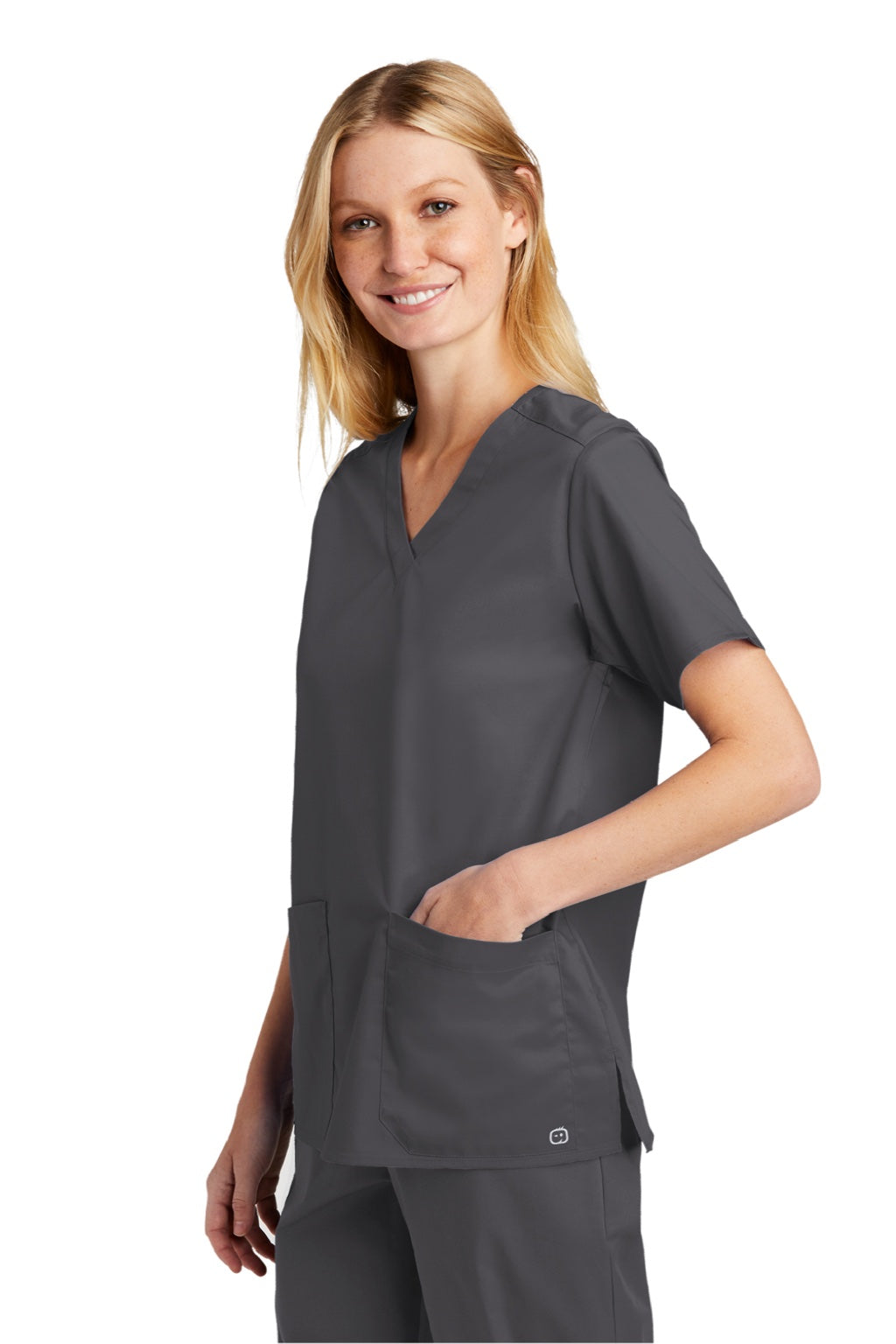 Wonderwink WW4560 Womens WorkFlex Short Sleeve V-Neck Shirt w/ Pockets Pewter Grey Model 3Q