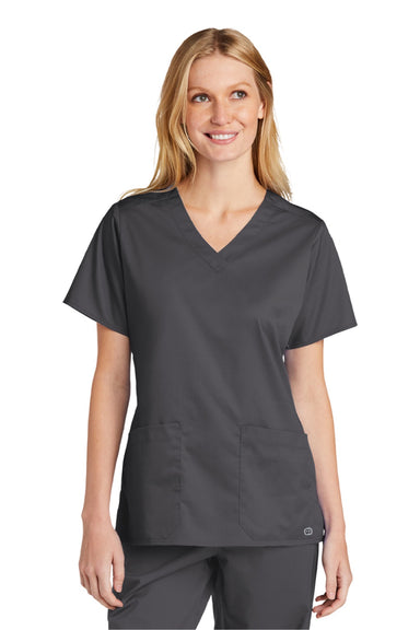 Wonderwink WW4560 Womens WorkFlex Short Sleeve V-Neck Shirt w/ Pockets Pewter Grey Model Front