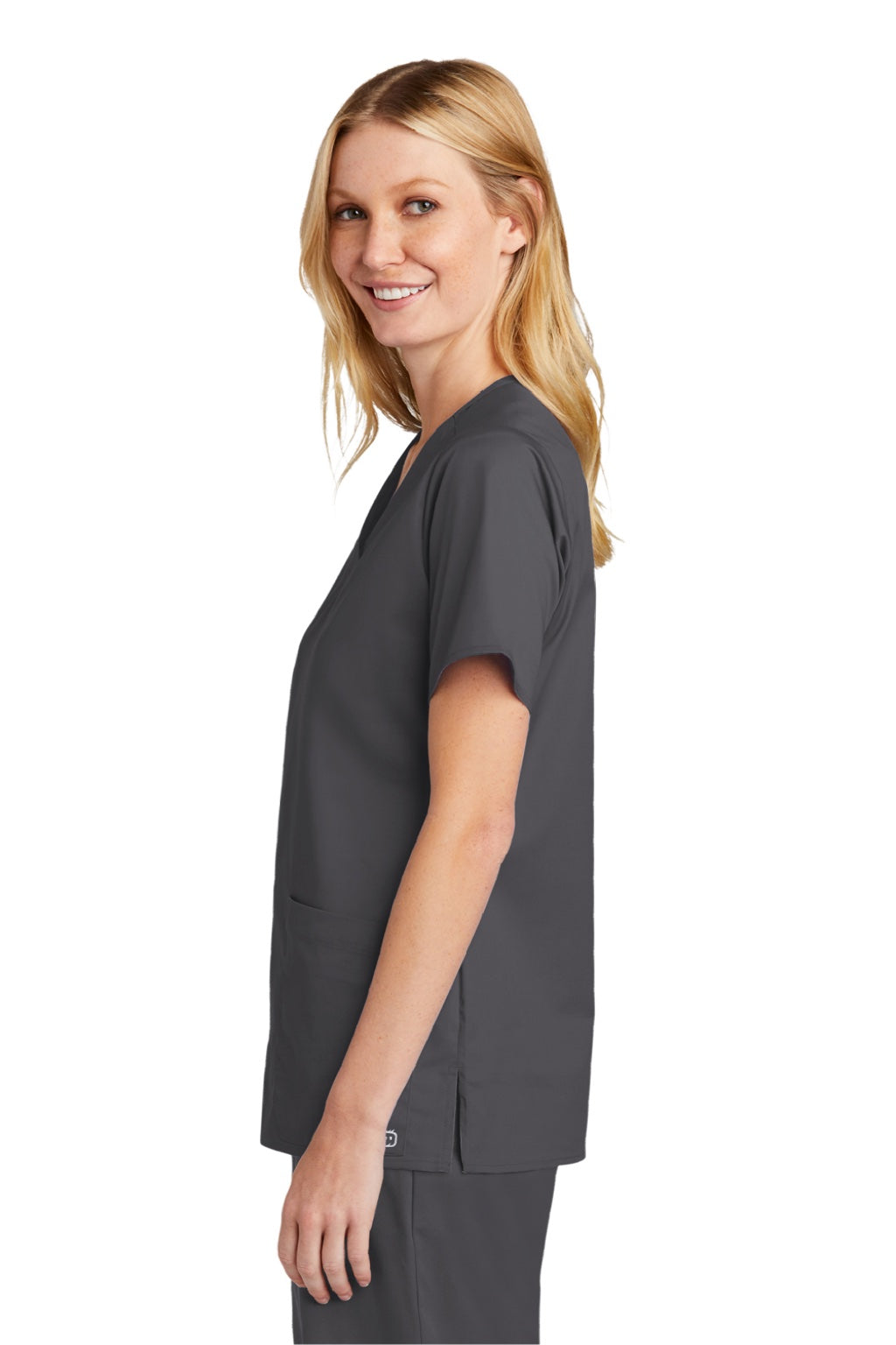 Wonderwink WW4560 Womens WorkFlex Short Sleeve V-Neck Shirt w/ Pockets Pewter Grey Model Side