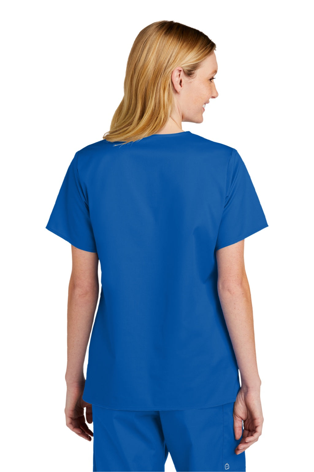 Wonderwink WW4560 Womens WorkFlex Short Sleeve V-Neck Shirt w/ Pockets Royal Blue Model Back