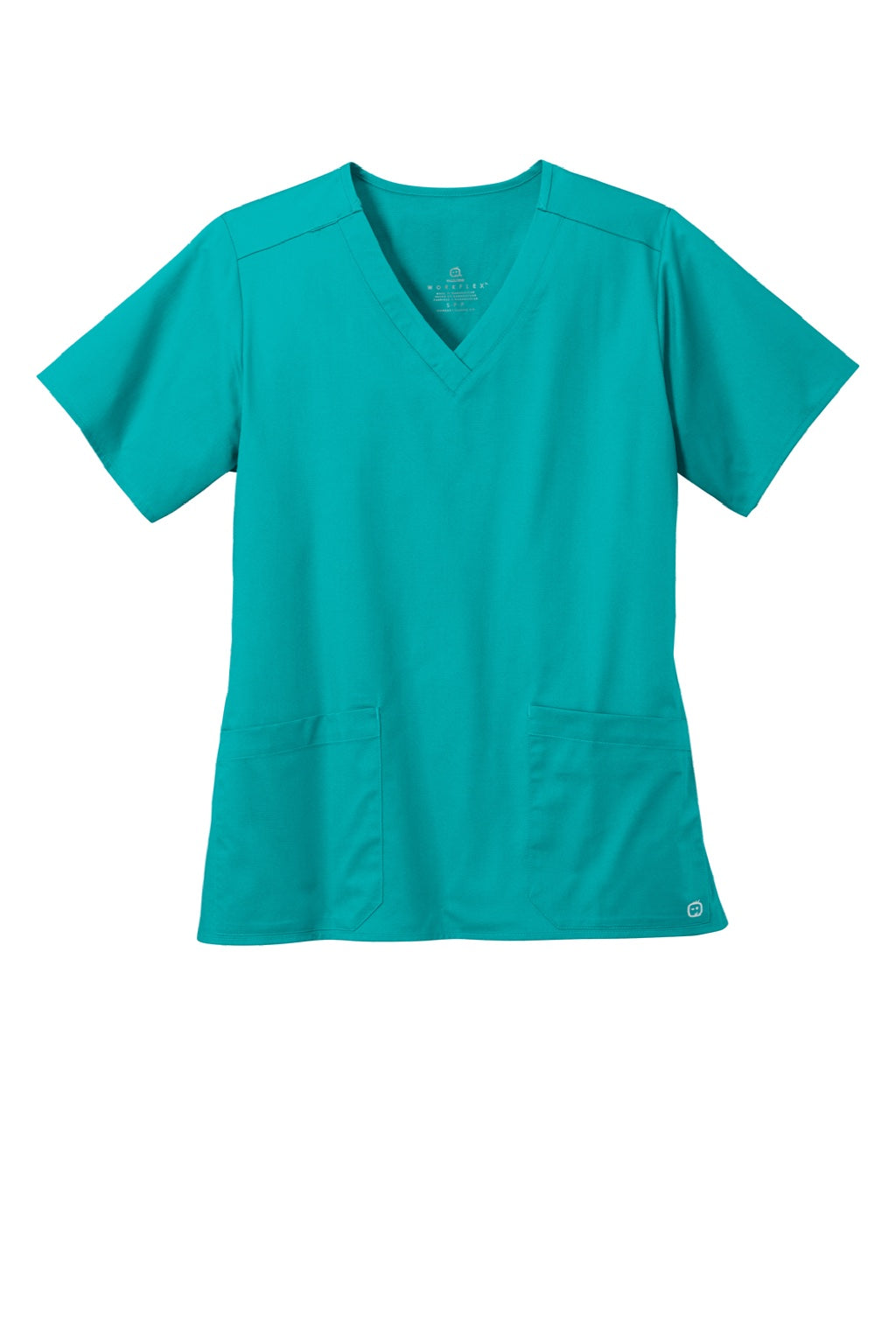 Wonderwink WW4560 Womens WorkFlex Short Sleeve V-Neck Shirt w/ Pockets Teal Blue Flat Front
