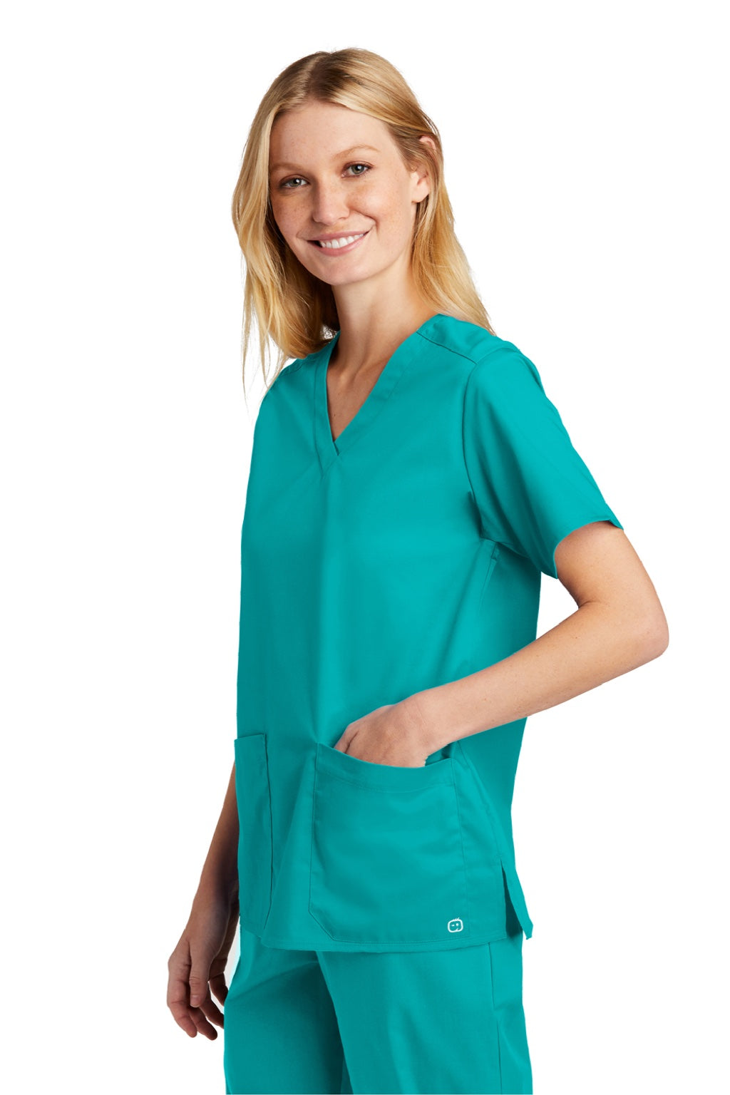 Wonderwink WW4560 Womens WorkFlex Short Sleeve V-Neck Shirt w/ Pockets Teal Blue Model 3Q