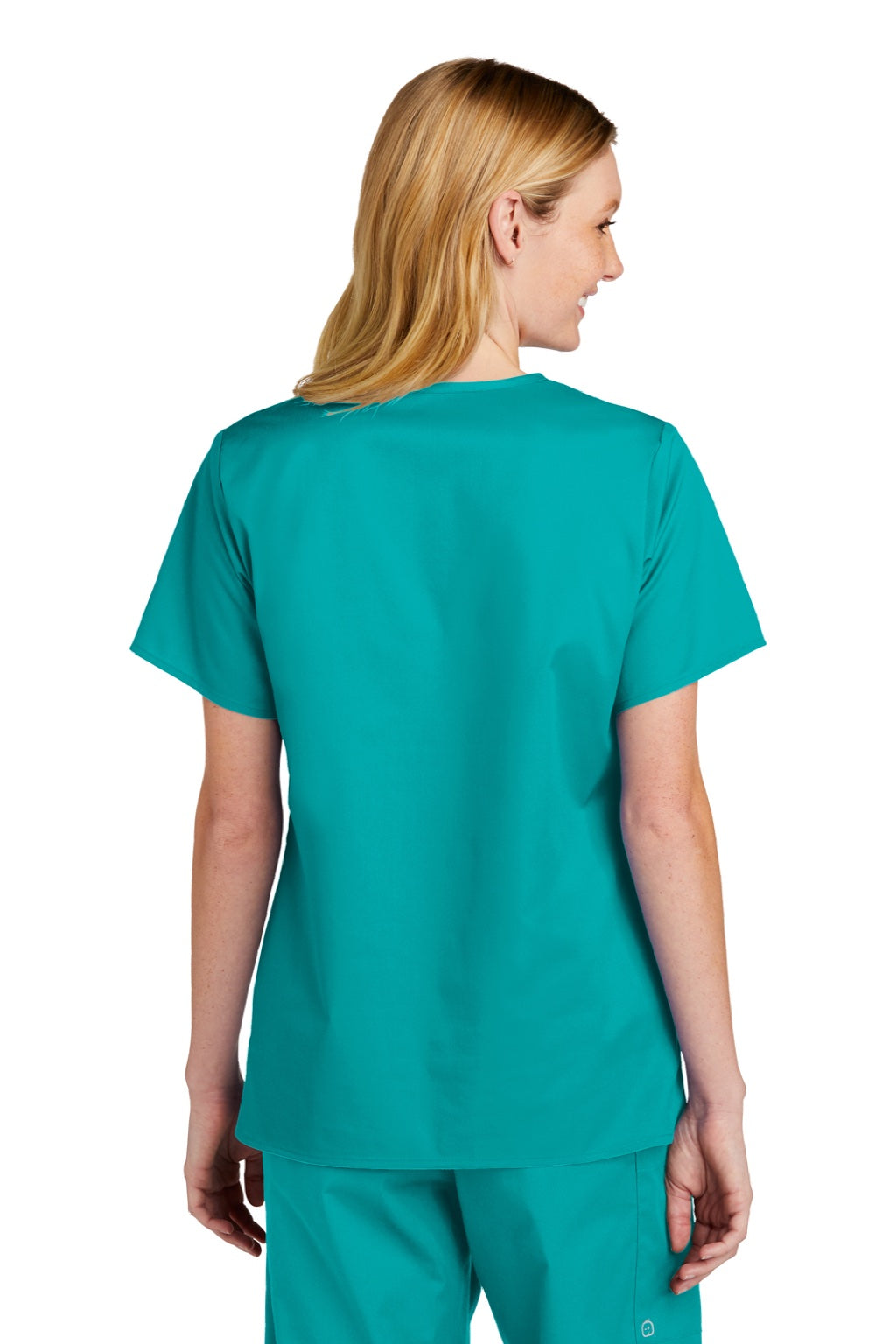 Wonderwink WW4560 Womens WorkFlex Short Sleeve V-Neck Shirt w/ Pockets Teal Blue Model Back