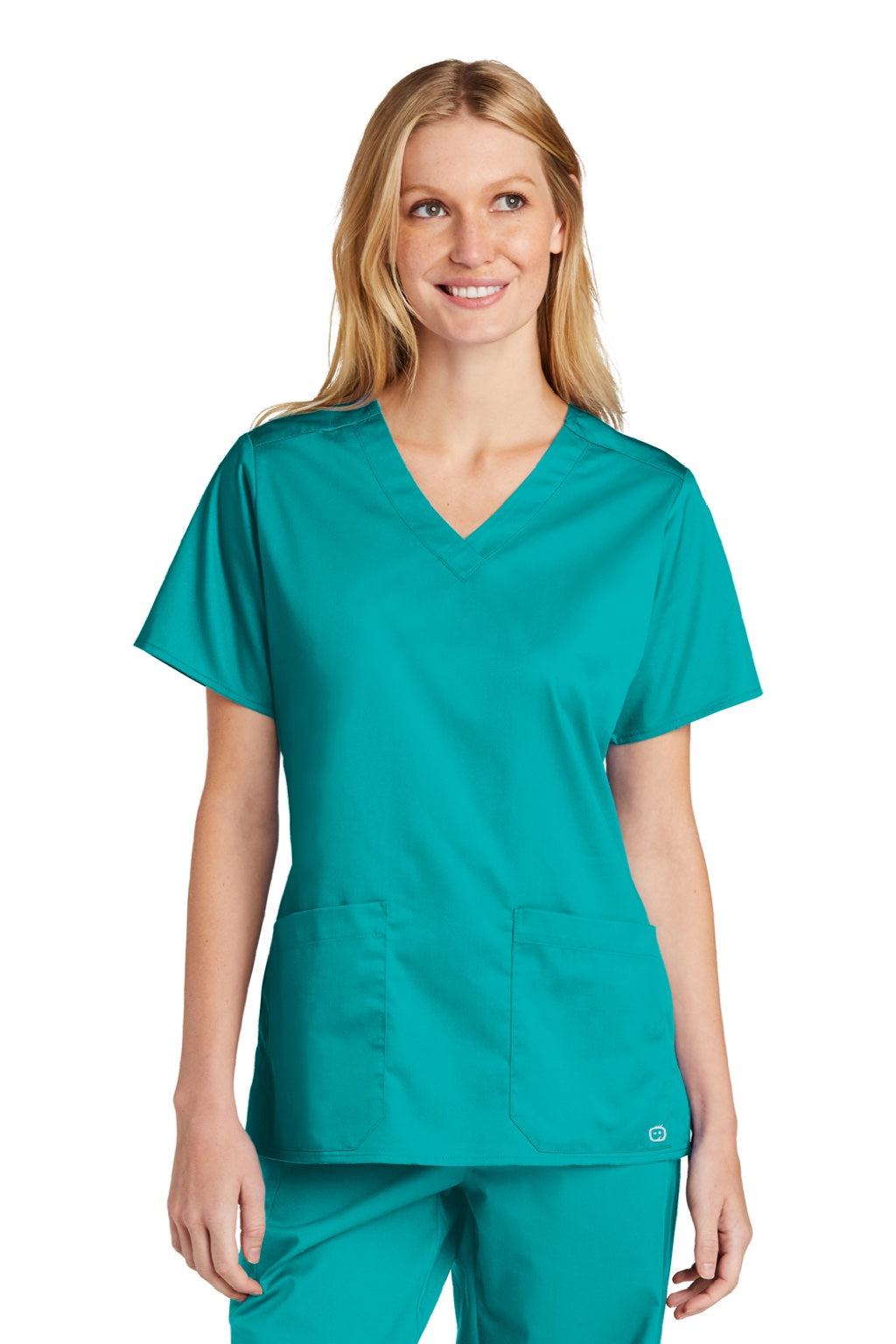 Wonderwink WW4560 Womens WorkFlex Short Sleeve V-Neck Shirt w/ Pockets Teal Blue Model Front