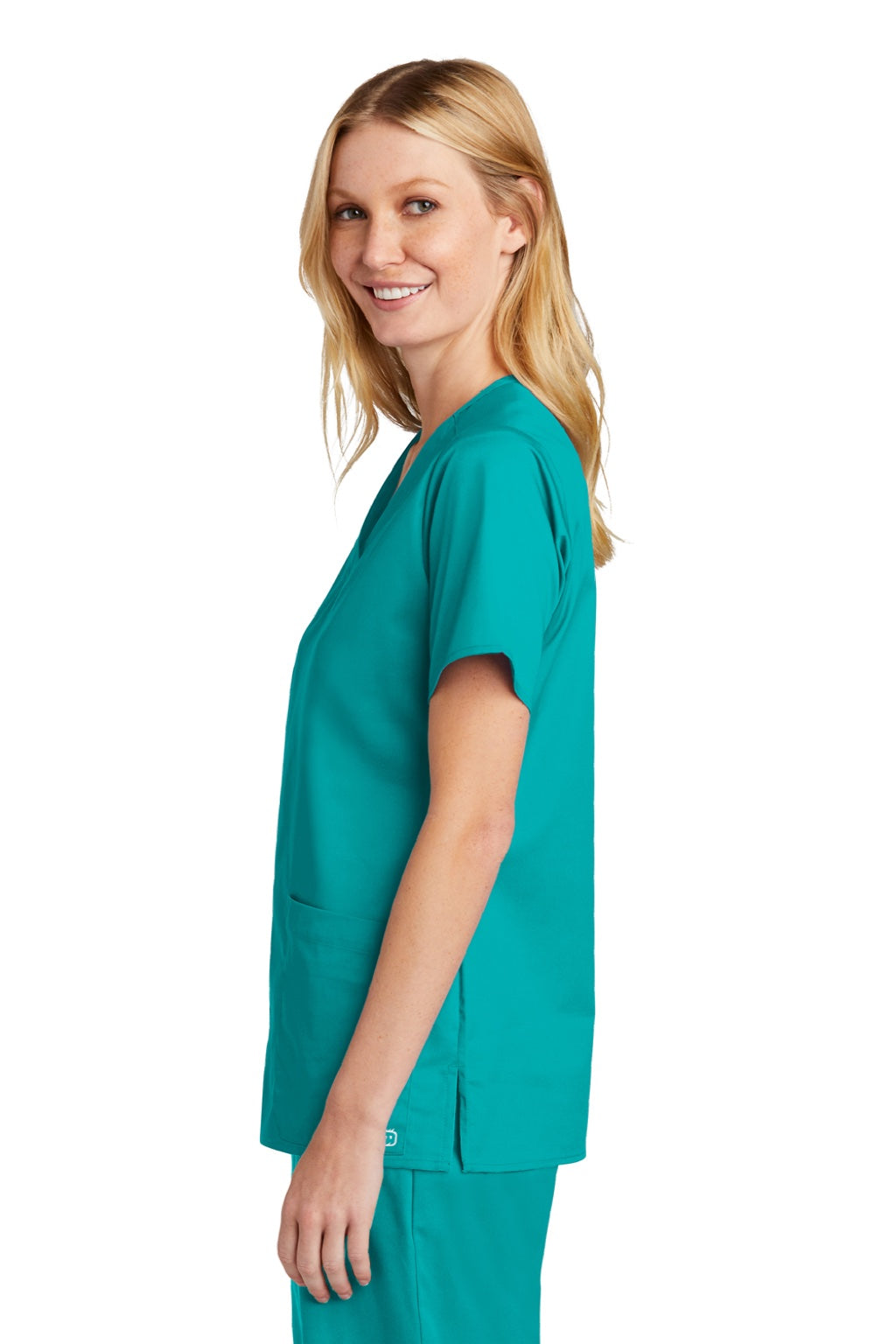 Wonderwink WW4560 Womens WorkFlex Short Sleeve V-Neck Shirt w/ Pockets Teal Blue Model Side