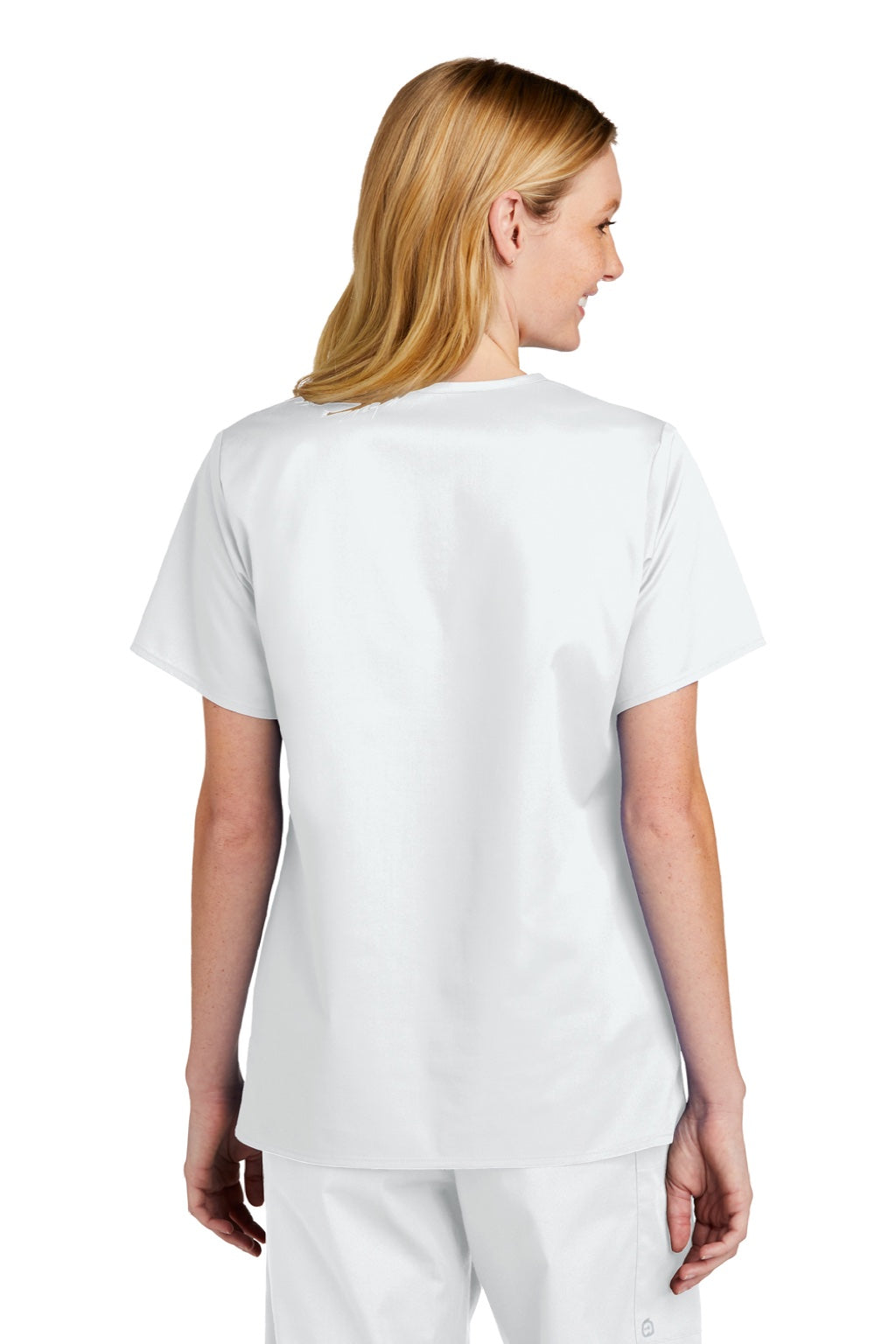Wonderwink WW4560 Womens WorkFlex Short Sleeve V-Neck Shirt w/ Pockets White Model Back