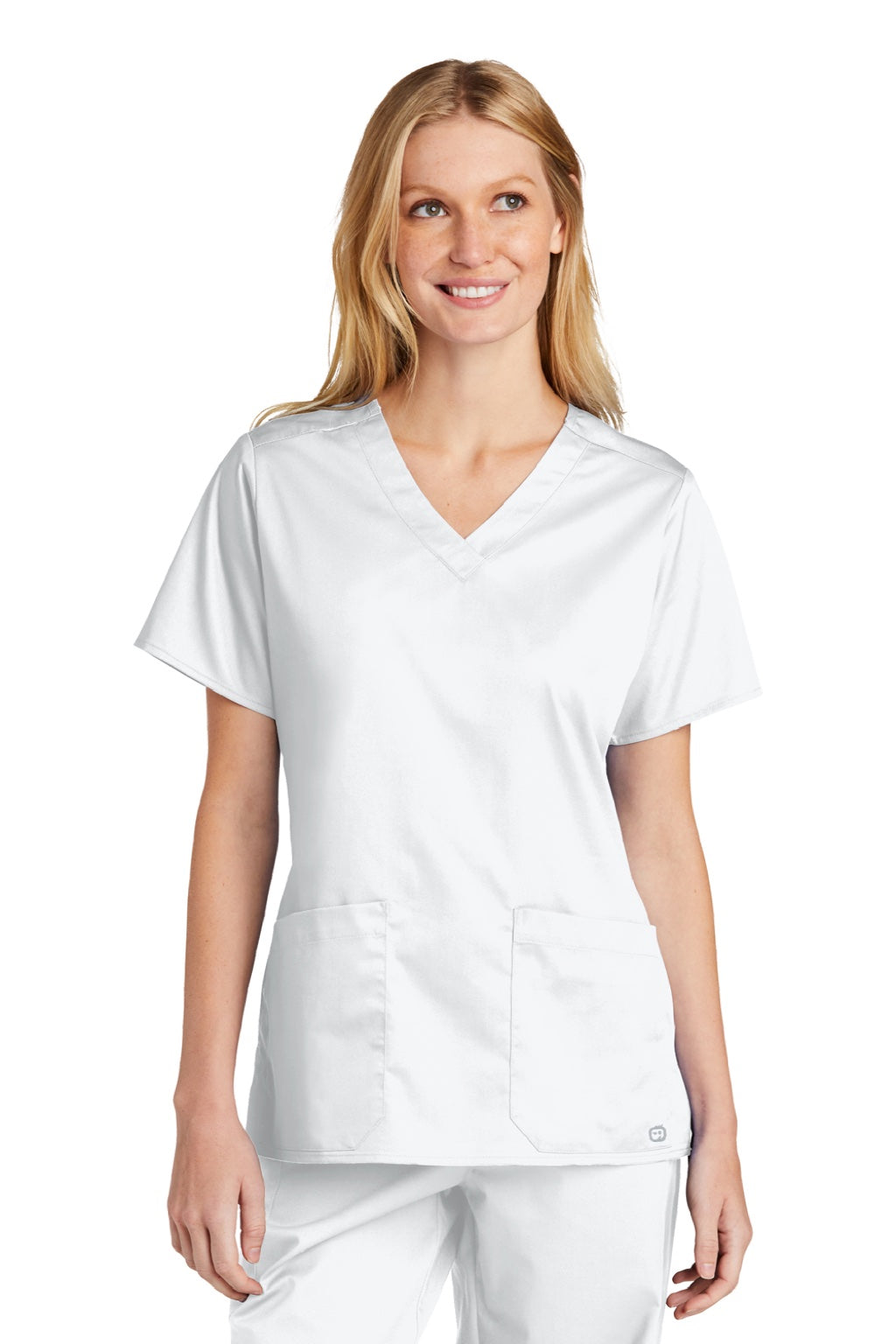 Wonderwink WW4560 Womens WorkFlex Short Sleeve V-Neck Shirt w/ Pockets White Model Front