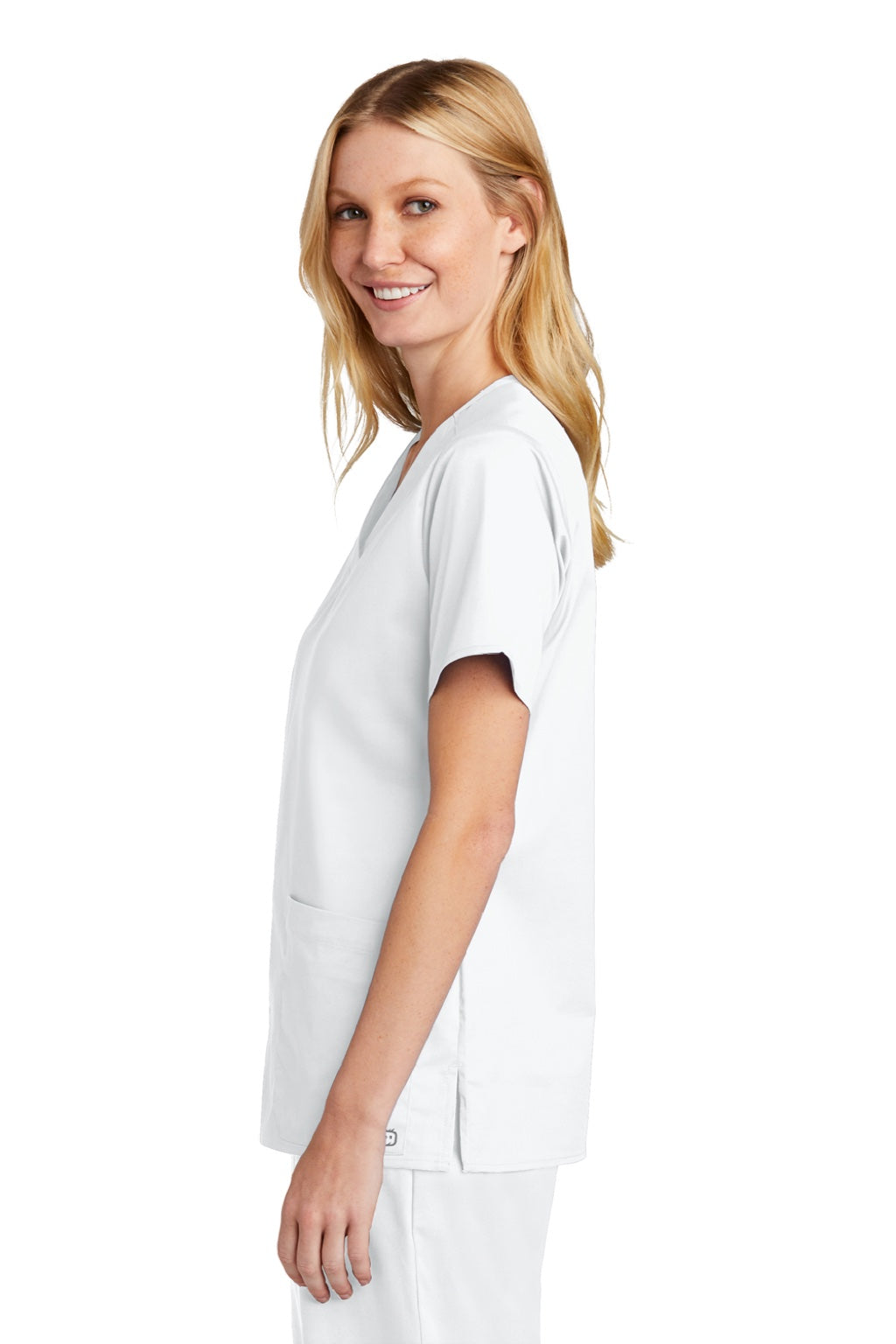 Wonderwink WW4560 Womens WorkFlex Short Sleeve V-Neck Shirt w/ Pockets White Model Side