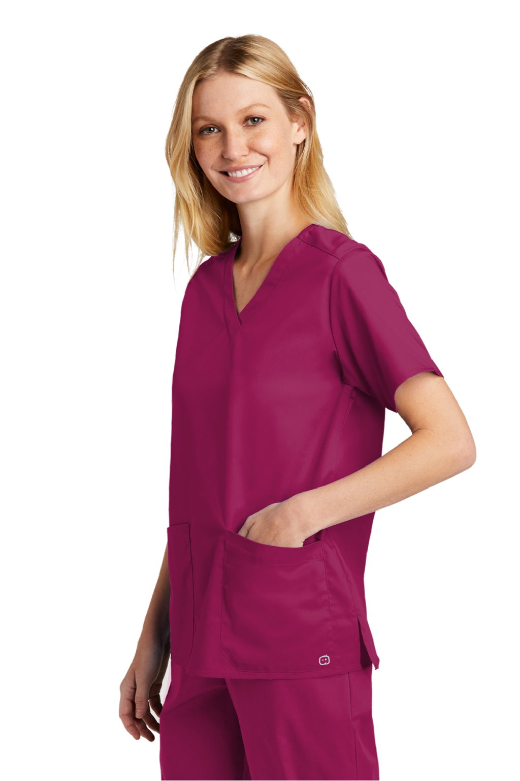 Wonderwink WW4560 Womens WorkFlex Short Sleeve V-Neck Shirt w/ Pockets Wine Model 3Q