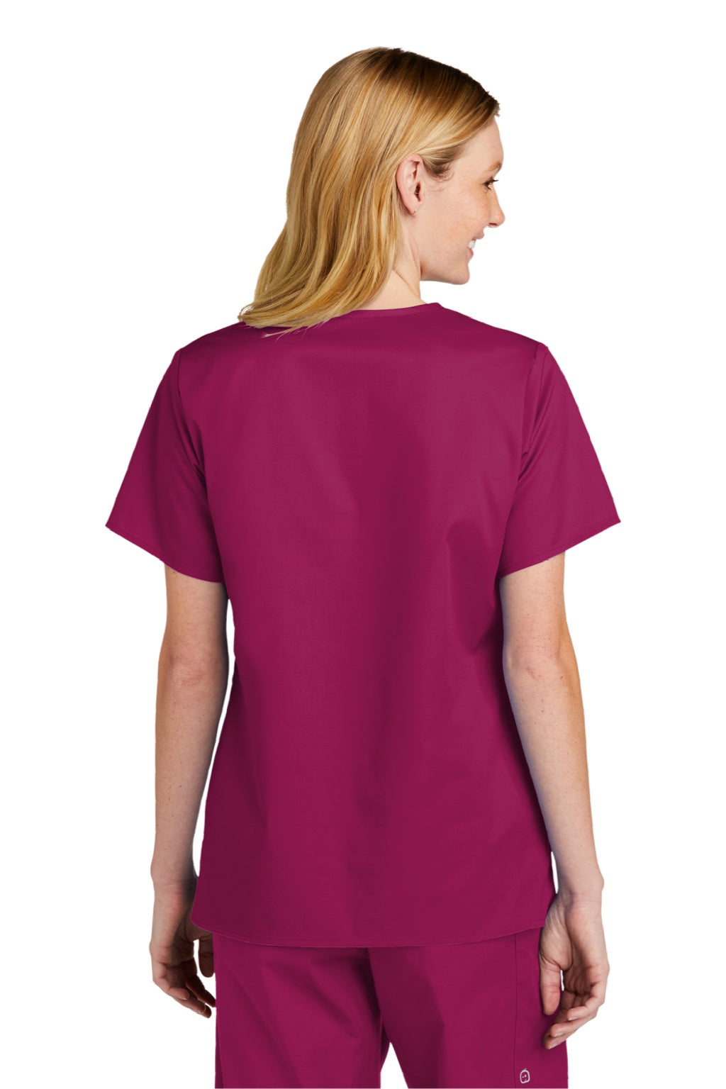 Wonderwink WW4560 Womens WorkFlex Short Sleeve V-Neck Shirt w/ Pockets Wine Model Back