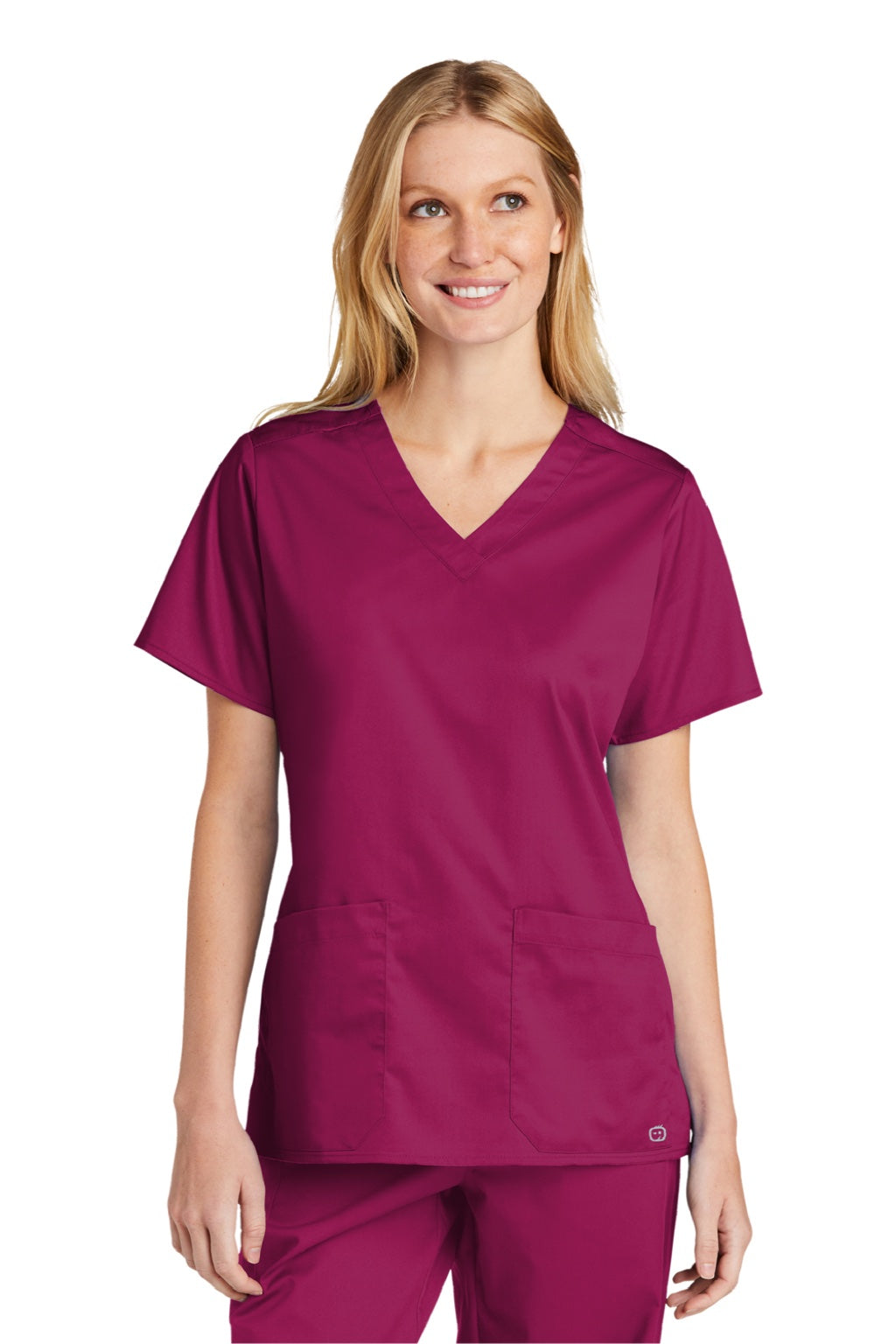 Wonderwink WW4560 Womens WorkFlex Short Sleeve V-Neck Shirt w/ Pockets Wine Model Front