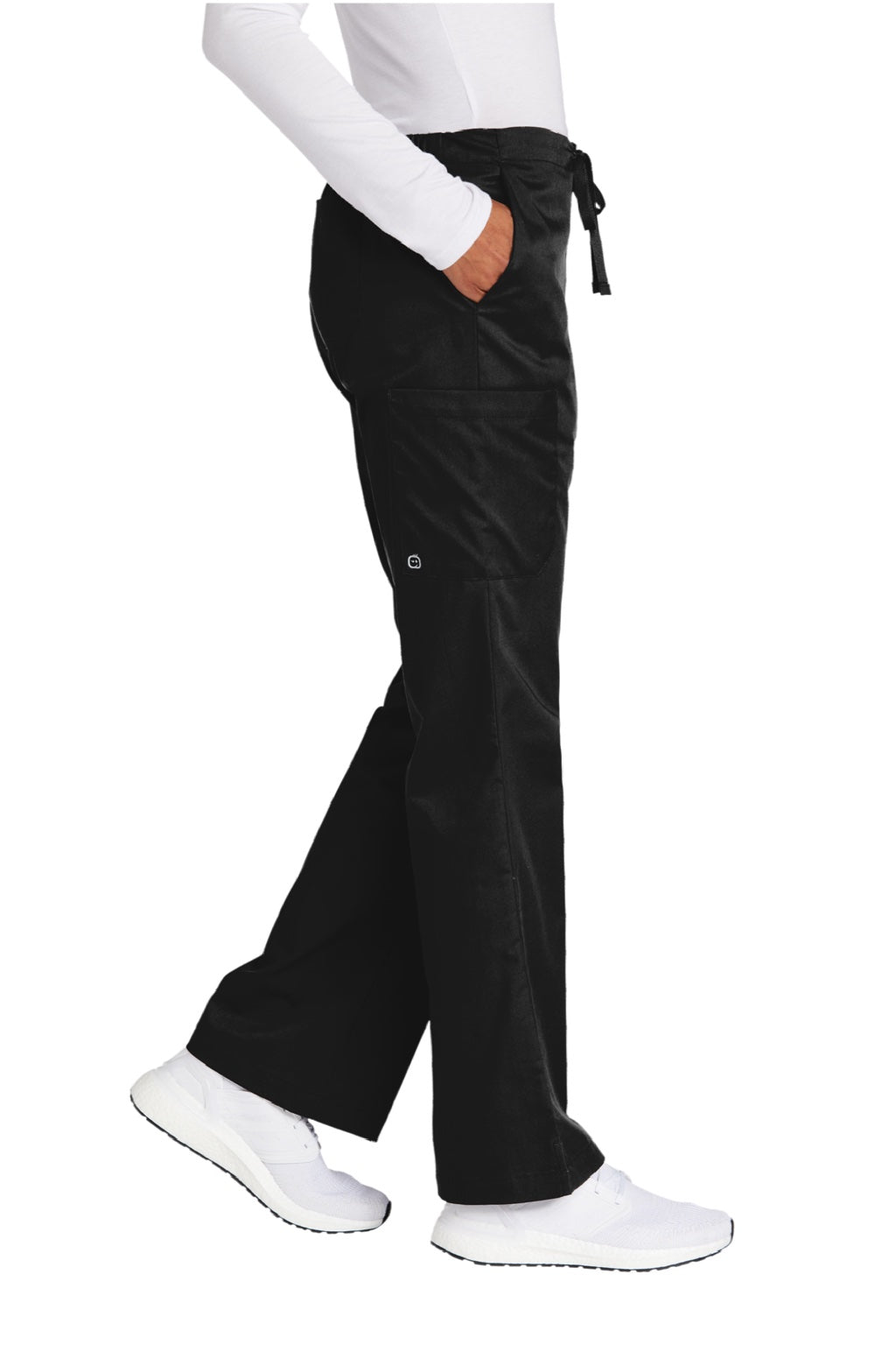 Wonderwink WW4750/WW4750P/WW4750T Womens WorkFlex Flare Leg Cargo Pants w/ Pockets Black Model Side