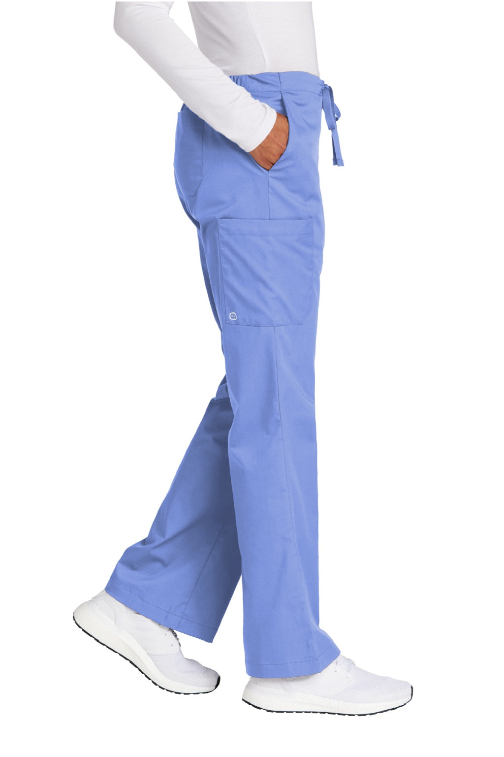 Wonderwink WW4750/WW4750P/WW4750T Womens WorkFlex Flare Leg Cargo Pants w/ Pockets Ceil Blue Model Side