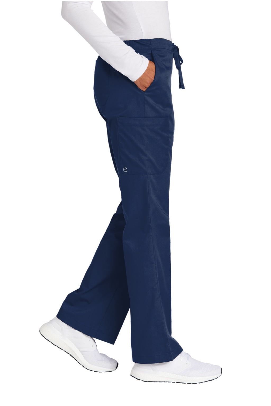 Wonderwink WW4750/WW4750P/WW4750T Womens WorkFlex Flare Leg Cargo Pants w/ Pockets Navy Blue Model Side