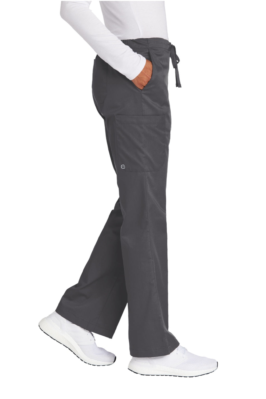 Wonderwink WW4750/WW4750P/WW4750T Womens WorkFlex Flare Leg Cargo Pants w/ Pockets Pewter Grey Model Side