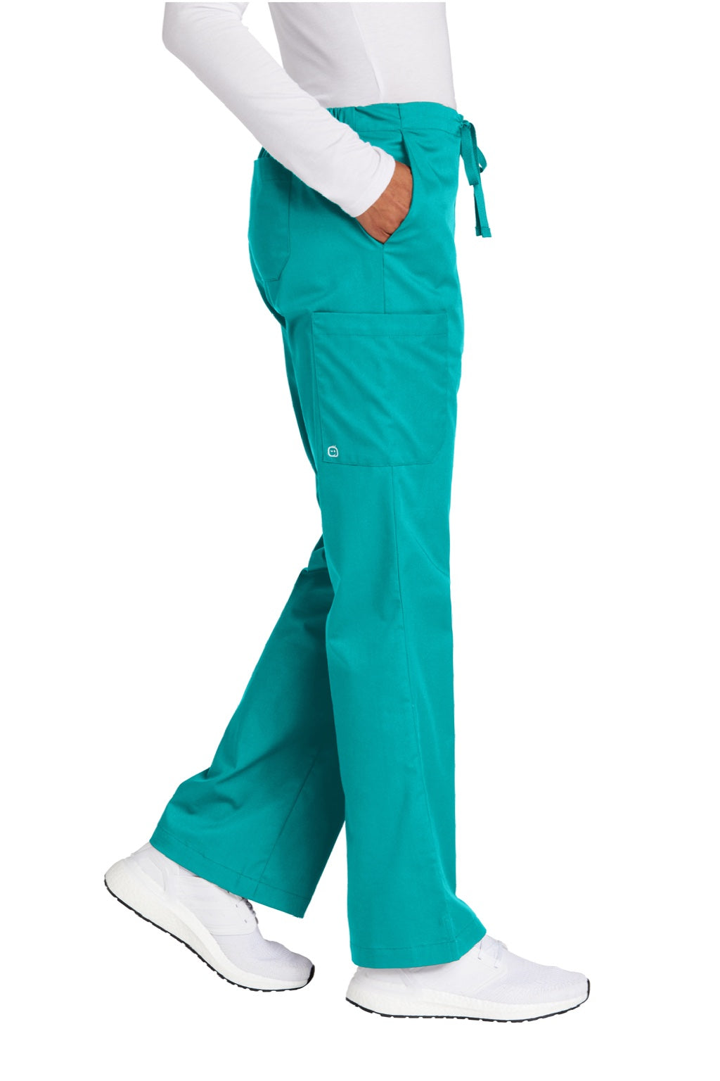 Wonderwink WW4750/WW4750P/WW4750T Womens WorkFlex Flare Leg Cargo Pants w/ Pockets Teal Blue Model Side
