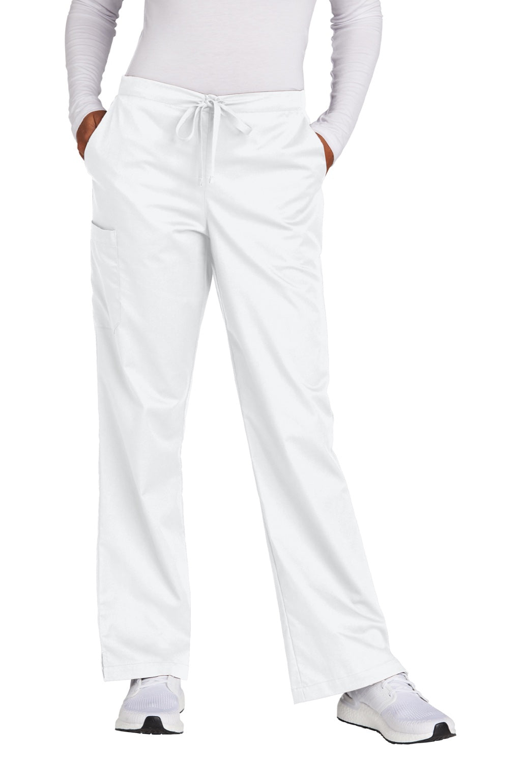 Wonderwink WW4750/WW4750P/WW4750T Womens WorkFlex Flare Leg Cargo Pants w/ Pockets White Model Front