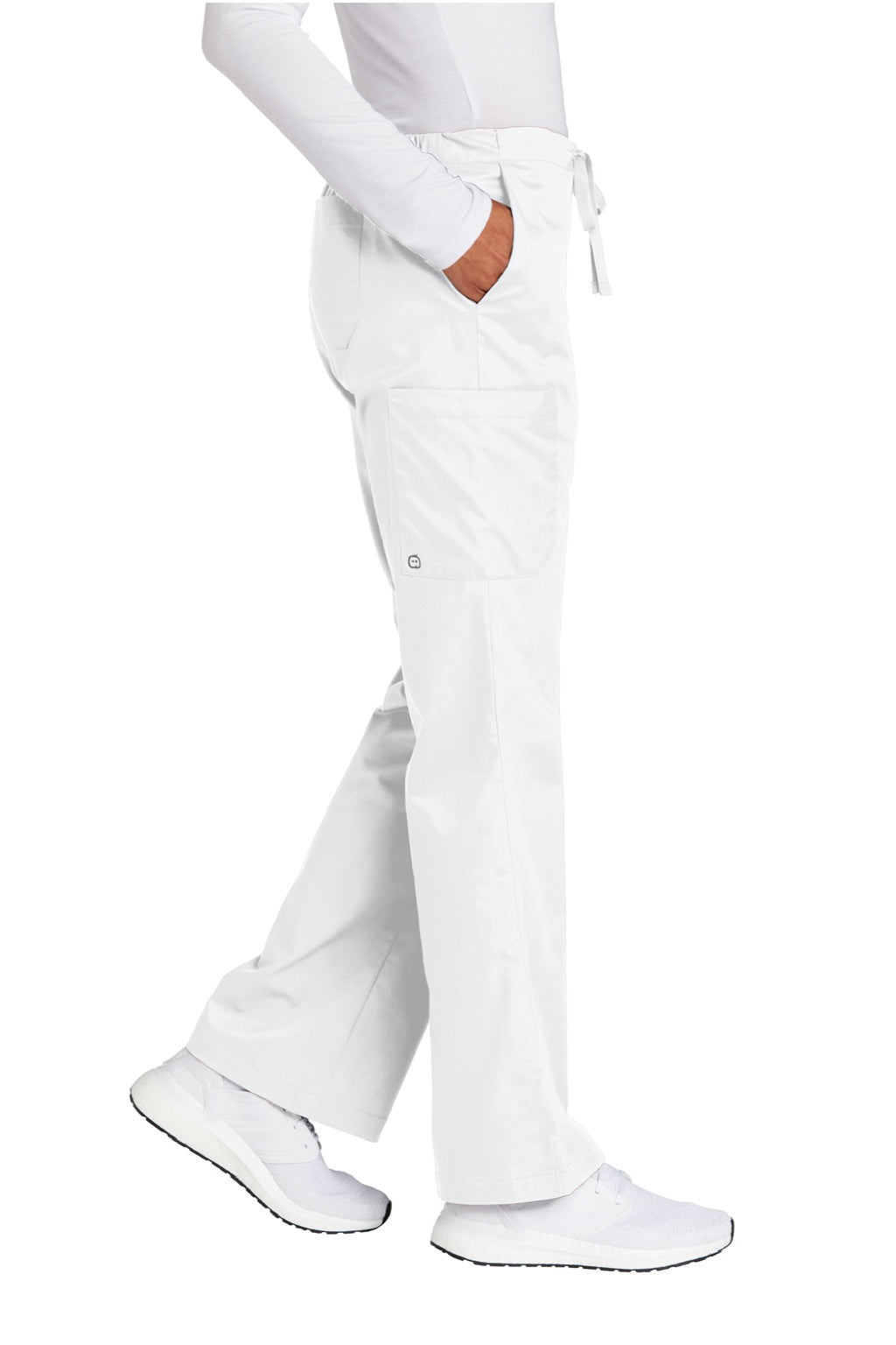 Wonderwink WW4750/WW4750P/WW4750T Womens WorkFlex Flare Leg Cargo Pants w/ Pockets White Model Side