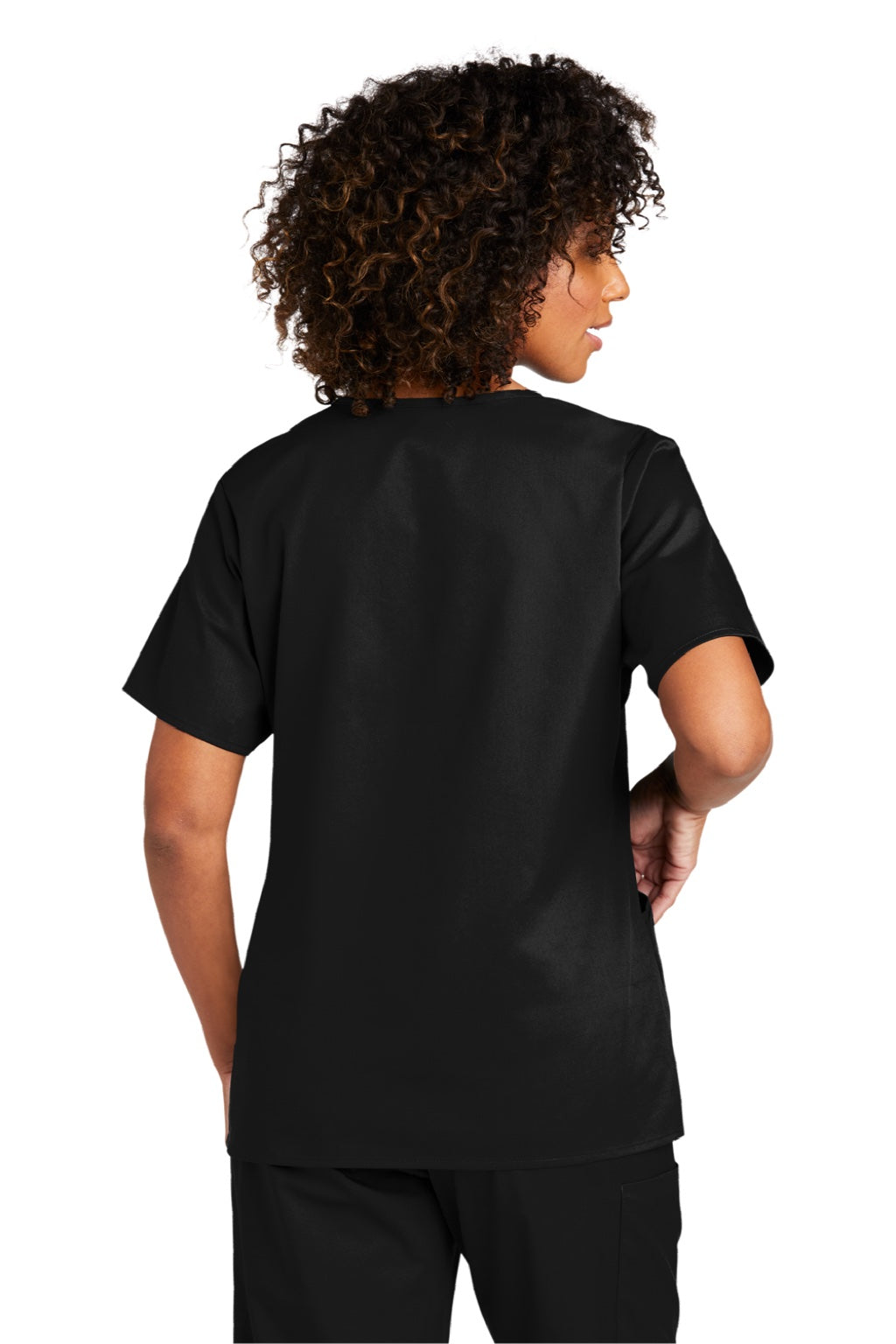 Wonderwink WW4760 Womens WorkFlex Short Sleeve V-Neck Mock Wrap Shirt w/ Pockets Black Model Back