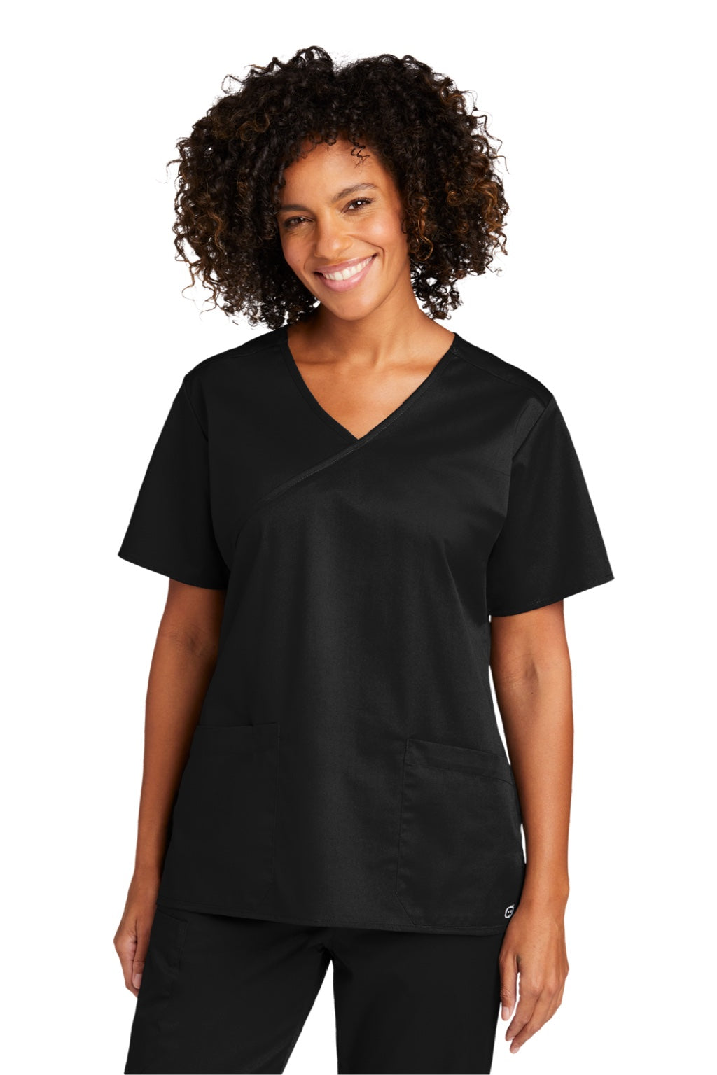 Wonderwink WW4760 Womens WorkFlex Short Sleeve V-Neck Mock Wrap Shirt w/ Pockets Black Model Front