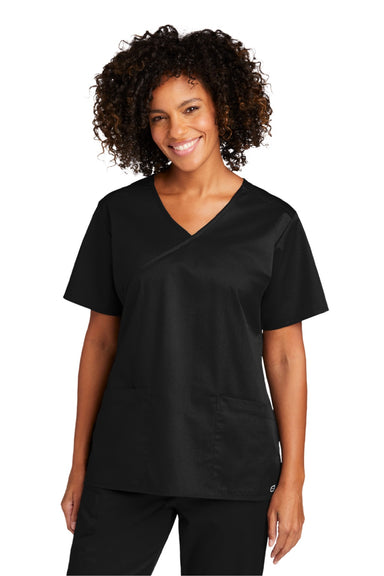 Wonderwink WW4760 Womens WorkFlex Short Sleeve V-Neck Mock Wrap Shirt w/ Pockets Black Model Front