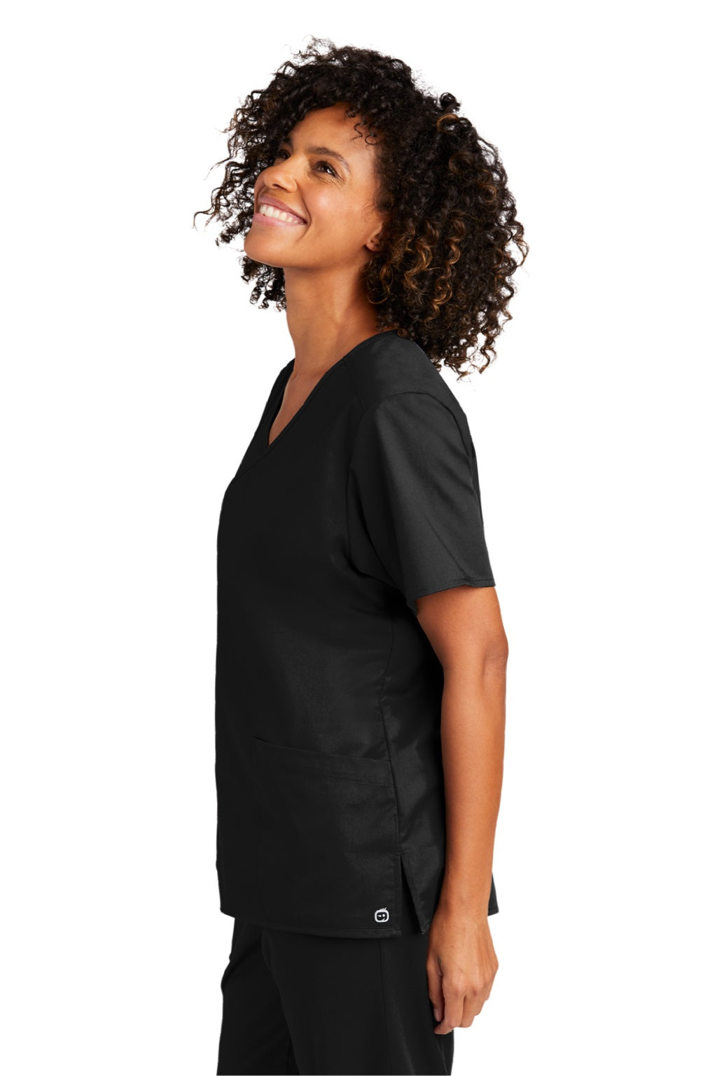 Wonderwink WW4760 Womens WorkFlex Short Sleeve V-Neck Mock Wrap Shirt w/ Pockets Black Model Side