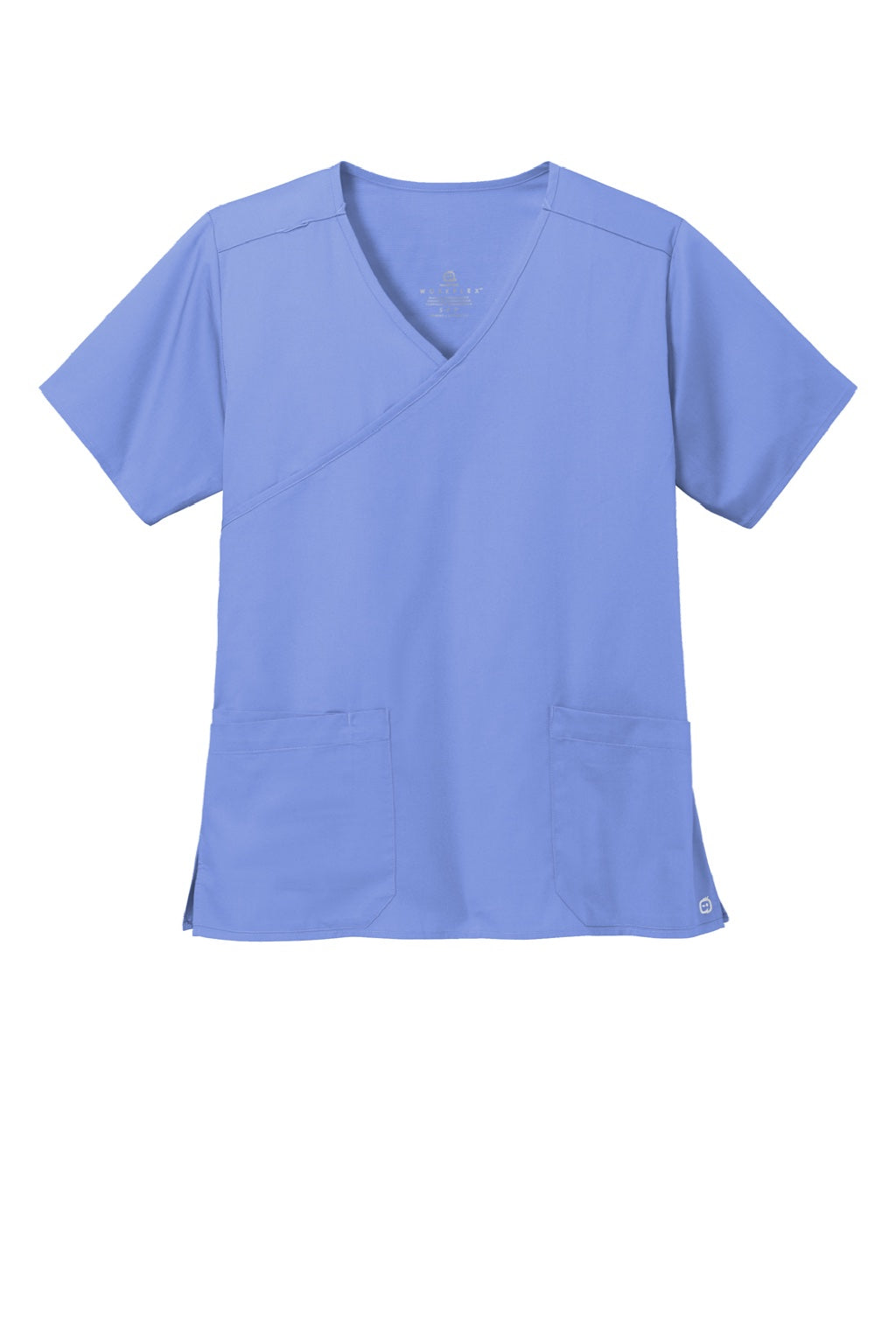 Wonderwink WW4760 Womens WorkFlex Short Sleeve V-Neck Mock Wrap Shirt w/ Pockets Ceil Blue Flat Front
