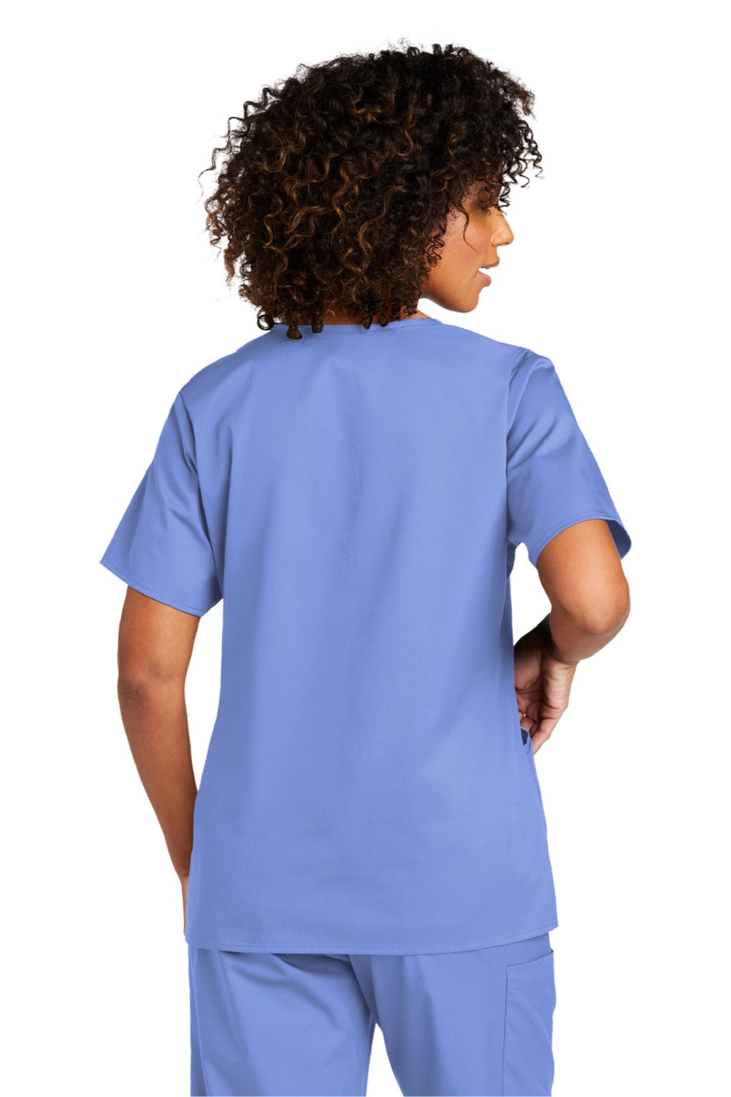 Wonderwink WW4760 Womens WorkFlex Short Sleeve V-Neck Mock Wrap Shirt w/ Pockets Ceil Blue Model Back