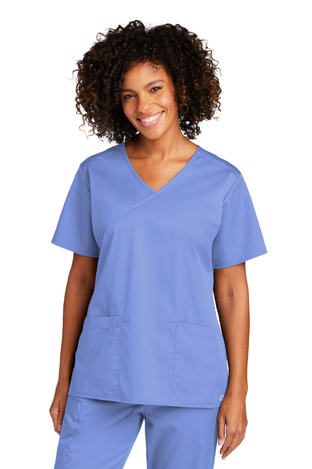 Wonderwink WW4760 Womens WorkFlex Short Sleeve V-Neck Mock Wrap Shirt w/ Pockets Ceil Blue Model Front