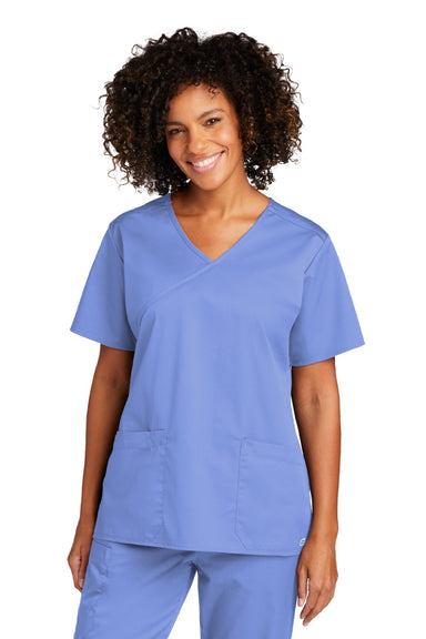 Wonderwink WW4760 Womens WorkFlex Short Sleeve V-Neck Mock Wrap Shirt w/ Pockets Ceil Blue Model Front