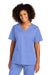 Wonderwink WW4760 Womens WorkFlex Short Sleeve V-Neck Mock Wrap Shirt w/ Pockets Ceil Blue Model Front
