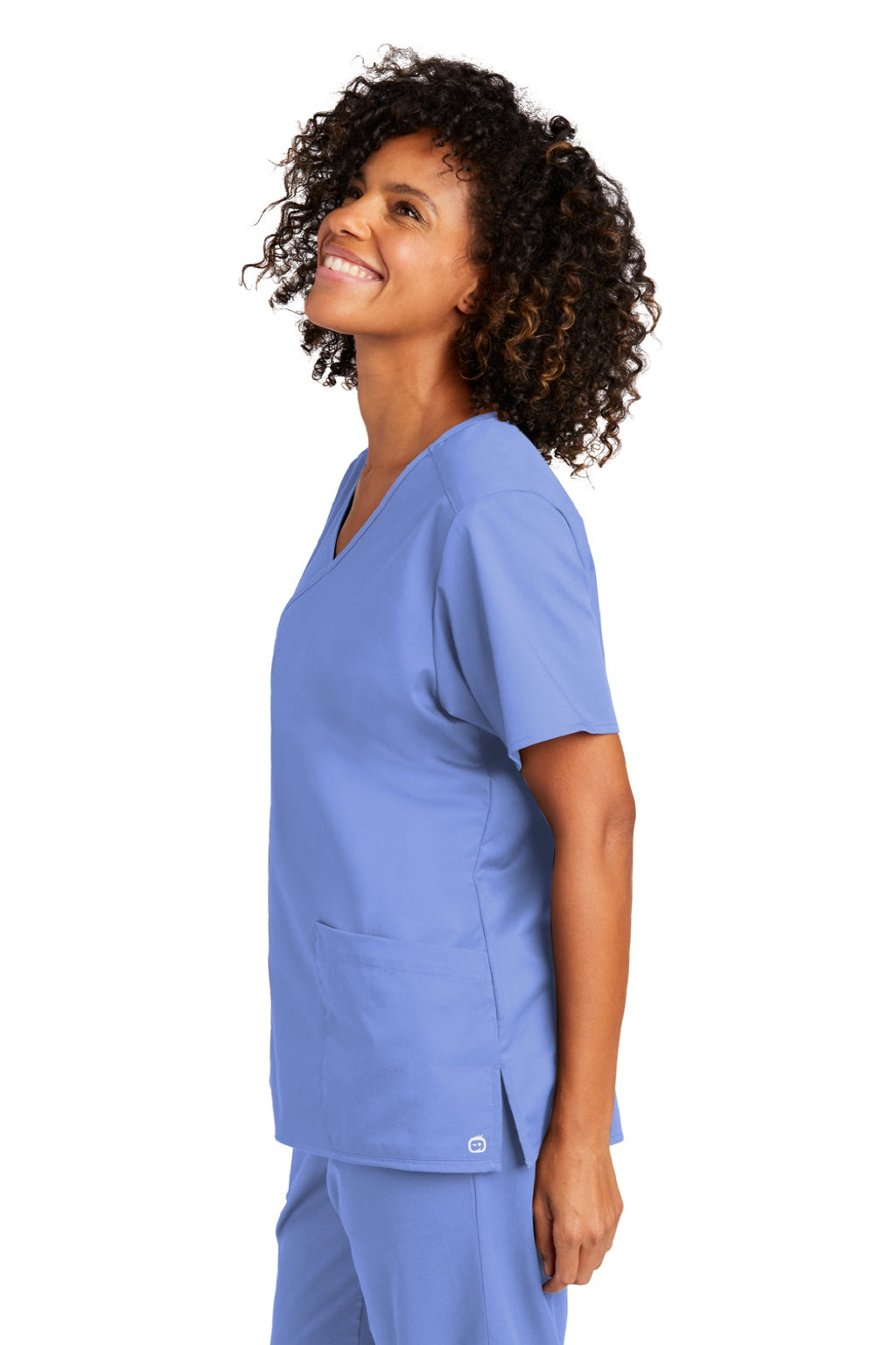 Wonderwink WW4760 Womens WorkFlex Short Sleeve V-Neck Mock Wrap Shirt w/ Pockets Ceil Blue Model Side