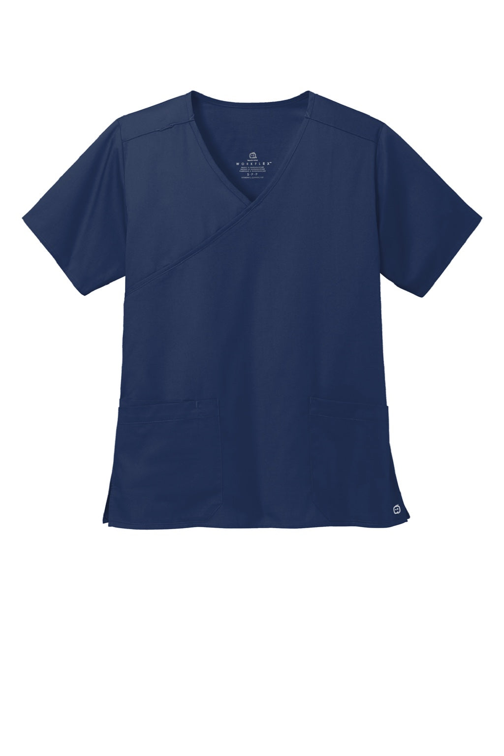 Wonderwink WW4760 Womens WorkFlex Short Sleeve V-Neck Mock Wrap Shirt w/ Pockets Navy Blue Flat Front